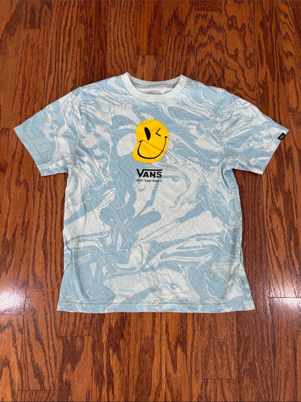 Vans, Boys, Light Blue Marble Tee with Yellow Smiley, Classic Fit Size M (10/12)